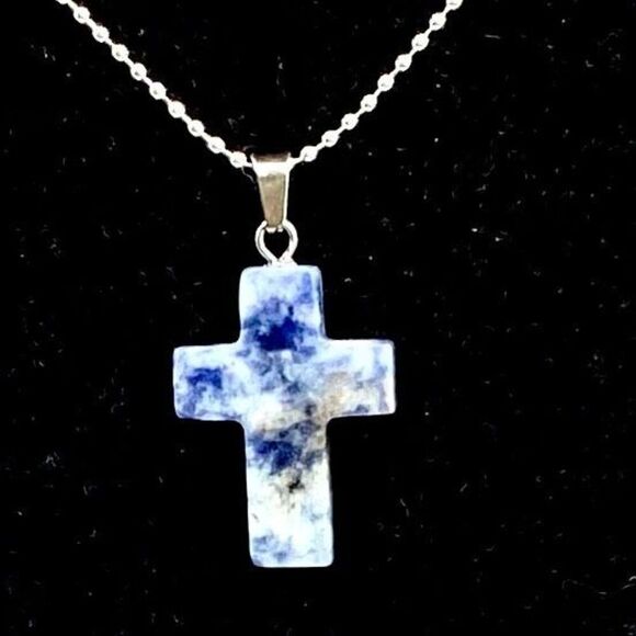 ASK Sterling 925 Silver Necklace w/ Blue Spotted  Jasper Ctoss - Picture 1 of 9